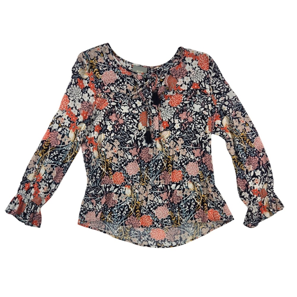 Maeve Floral Long Sleeve Tassel Tie Neck Gypsy Boho Blouse Shirt Top Sz Large